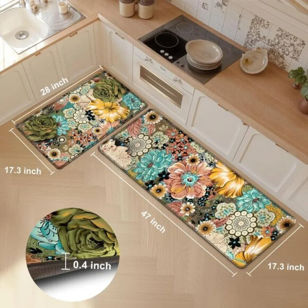 New Set of 2 Boho Floral Kitchen Mat, Cushioned, Non-Slip, Waterproof Foam